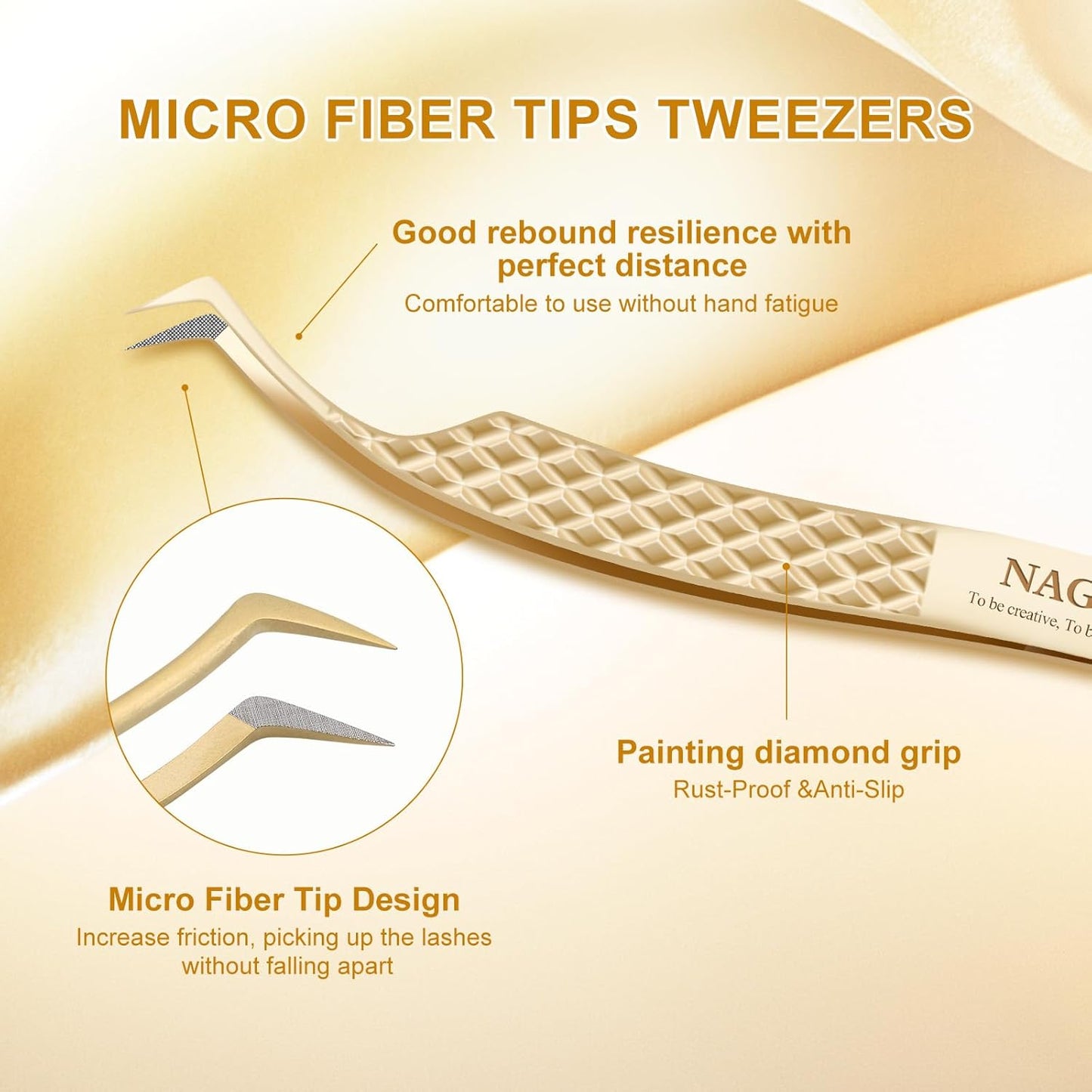 NAGARAKU Precision Fiber Tip Tweezer for Eyelash Extensions Diamond Grip Anti-Static Anti-Slip Premium Stainless Steel Pointed Volume Eyelashes Tweezers Supplies with Box(S Curved Tip Tweezer AG-08)