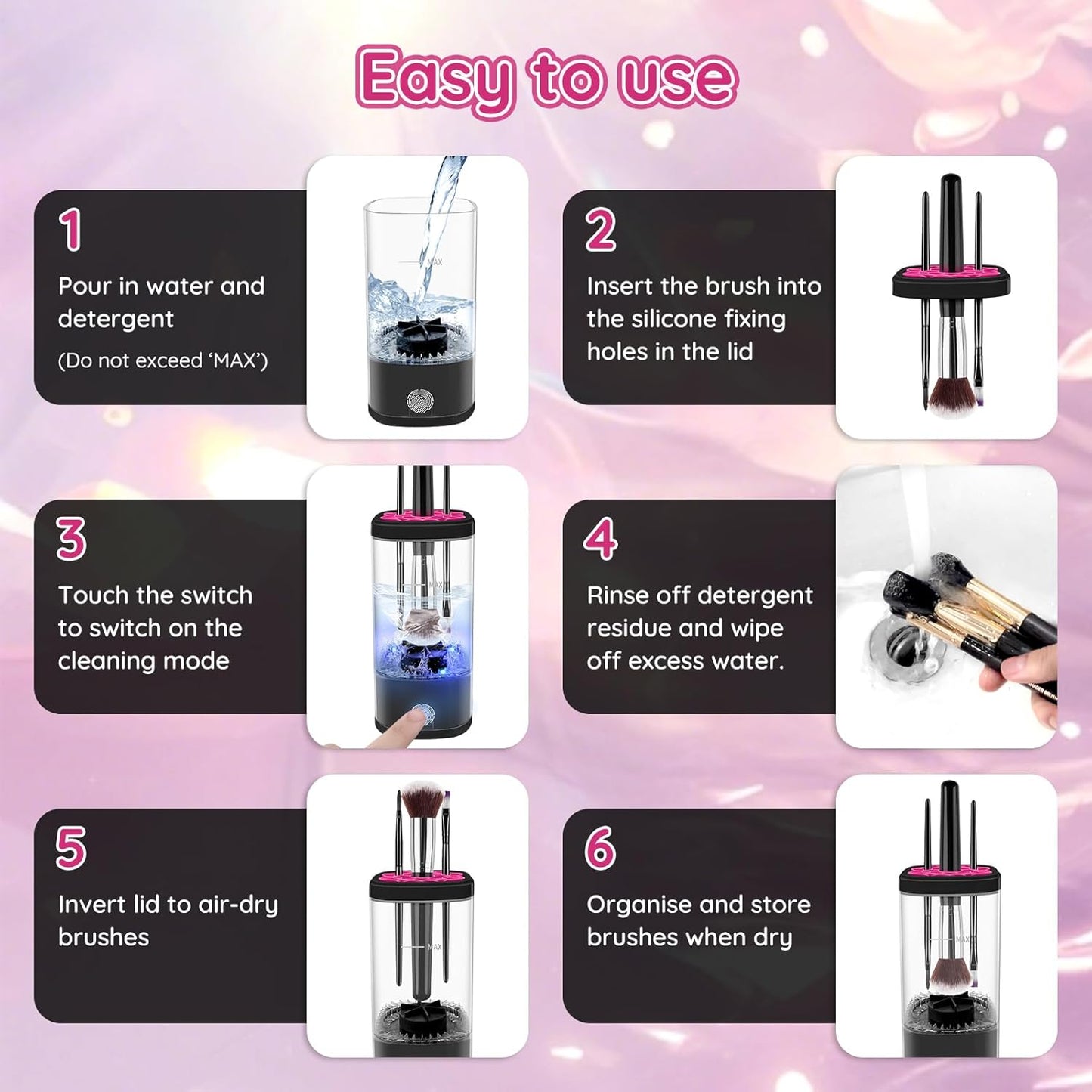 Electric Makeup Brush Cleaner Machine, Ultimate Efficient Automatic Cleaner for All Types of Makeup Brushes - Black Pink