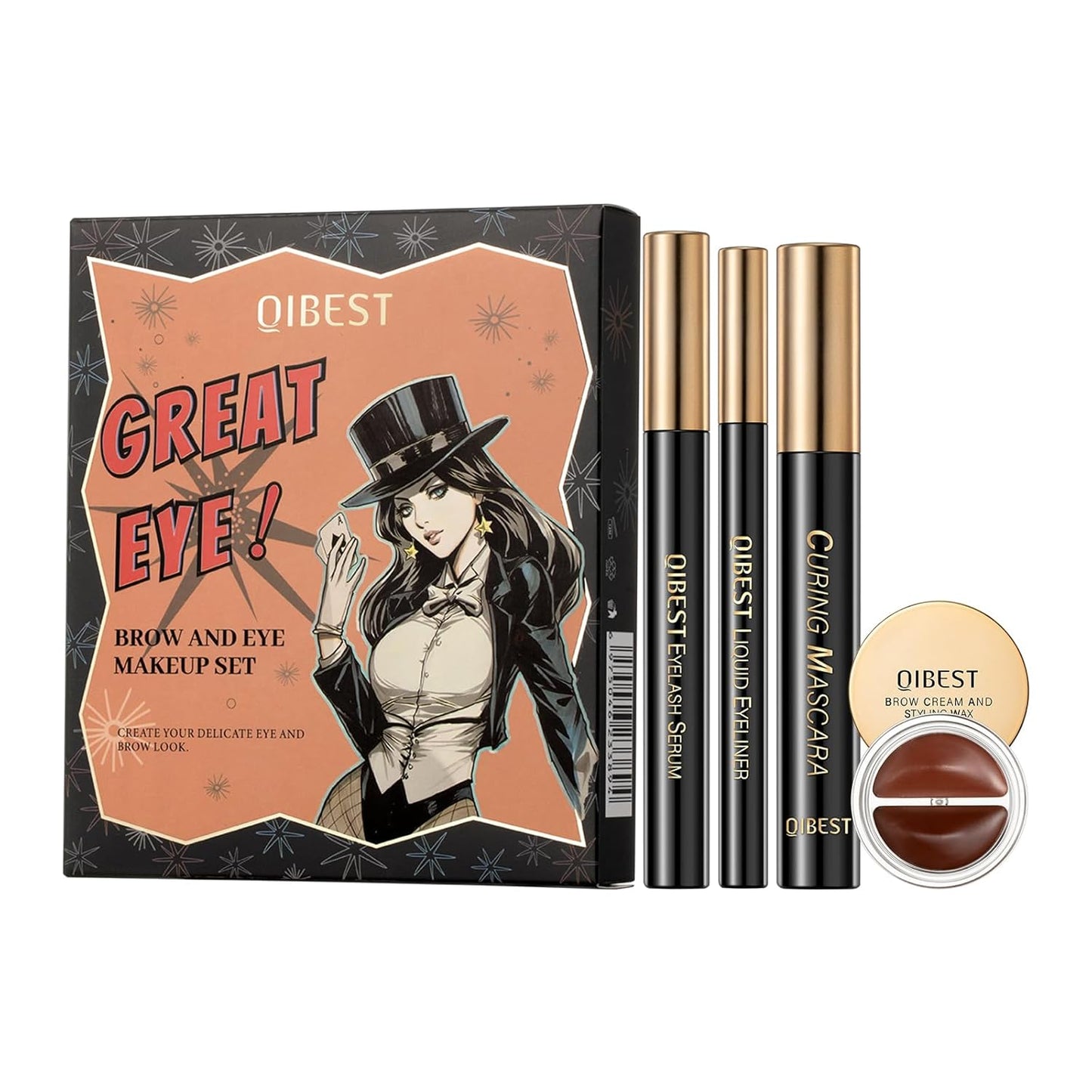 Jolilab 4 Pcs Eye Makeup set.Makeup kit includes lash serum,Mascara,Brow cream,Liquid eyeliner.Waterproof Smudgeproof Long Lasting.Gift Kit for Women Girls(4 Pcs Set)