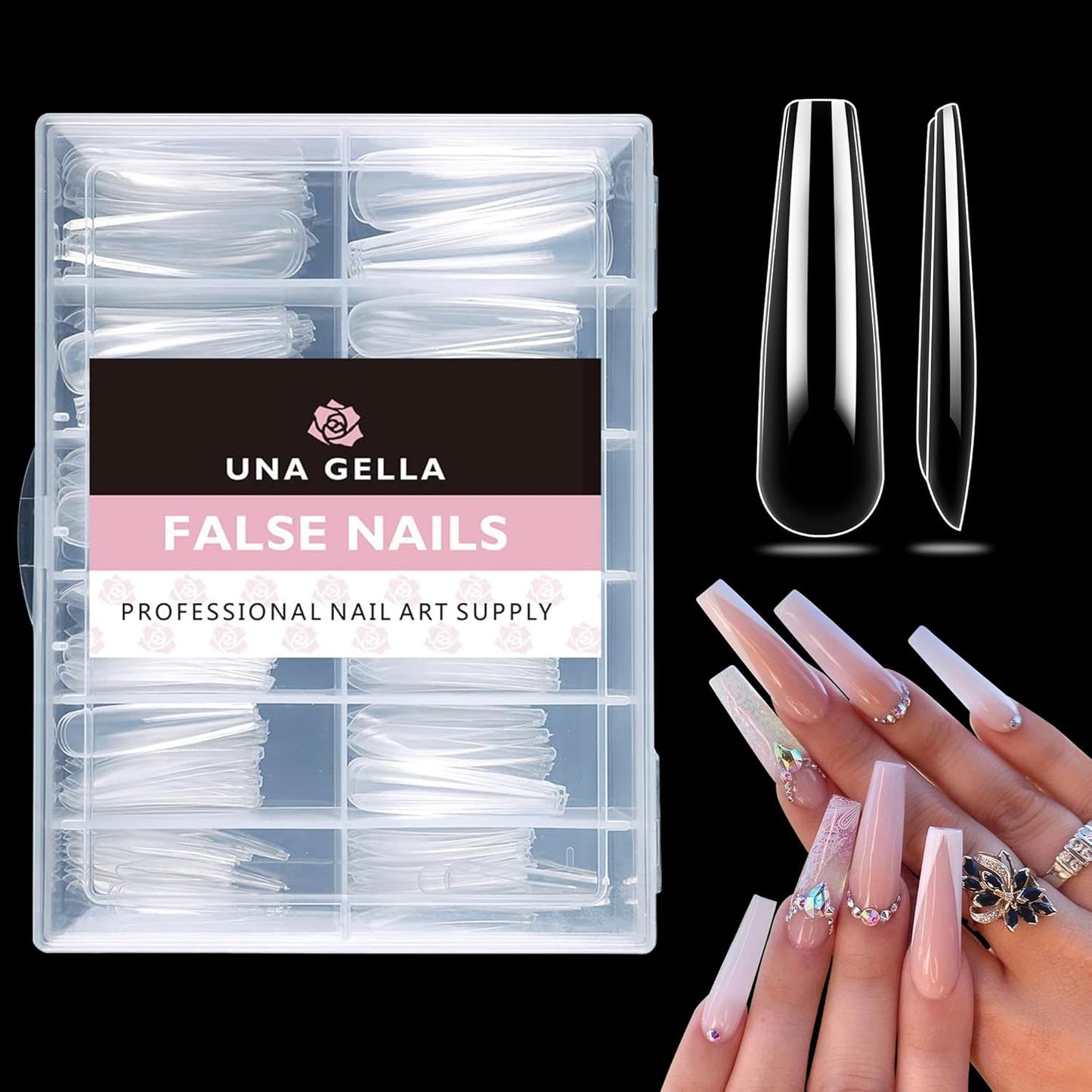 UNA GELLA XXL Coffin Nails Tips Full Cover 216pcs Extra Long Coffin Nail Tips No C Curve Clear Coffin Ballerina Nail Tips False Fake Acrylic Nails for Nail Extensions DIY Art Salon