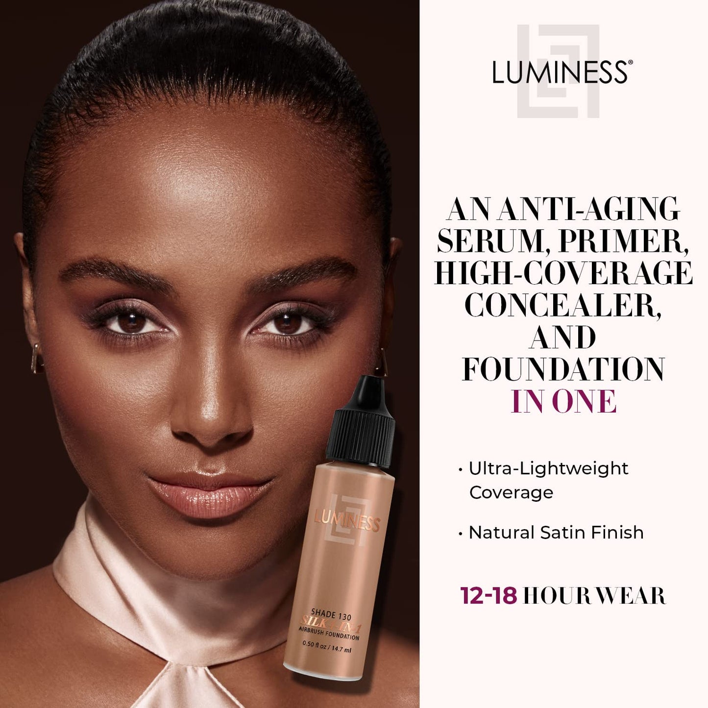 Luminess Air Silk 4-In-1 Airbrush Foundation- Foundation, Shade 130 (.5 Fl Oz) - Sheer to Medium Coverage - Anti-Aging Formula Hydrates and Moisturizes - Professional Makeup Kit for Cordless Air Brush