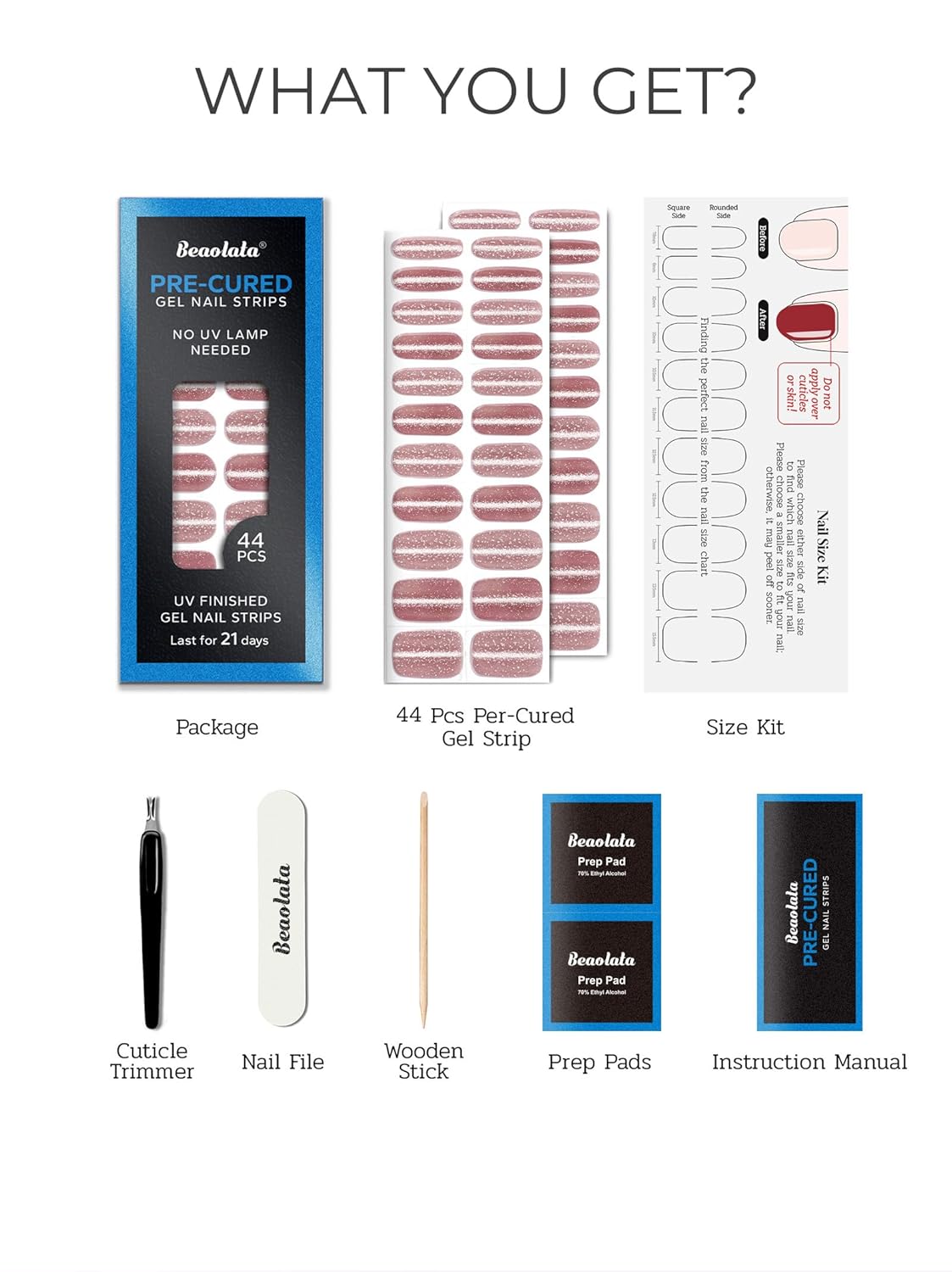 Pre Cured Gel Nail Strips - 44PCS Salon Quality Gel Nail Stickers - Long Lasting Polish Wraps for Women no UV Light Needed Easy Apply& Remove (Starry Pink Sky）