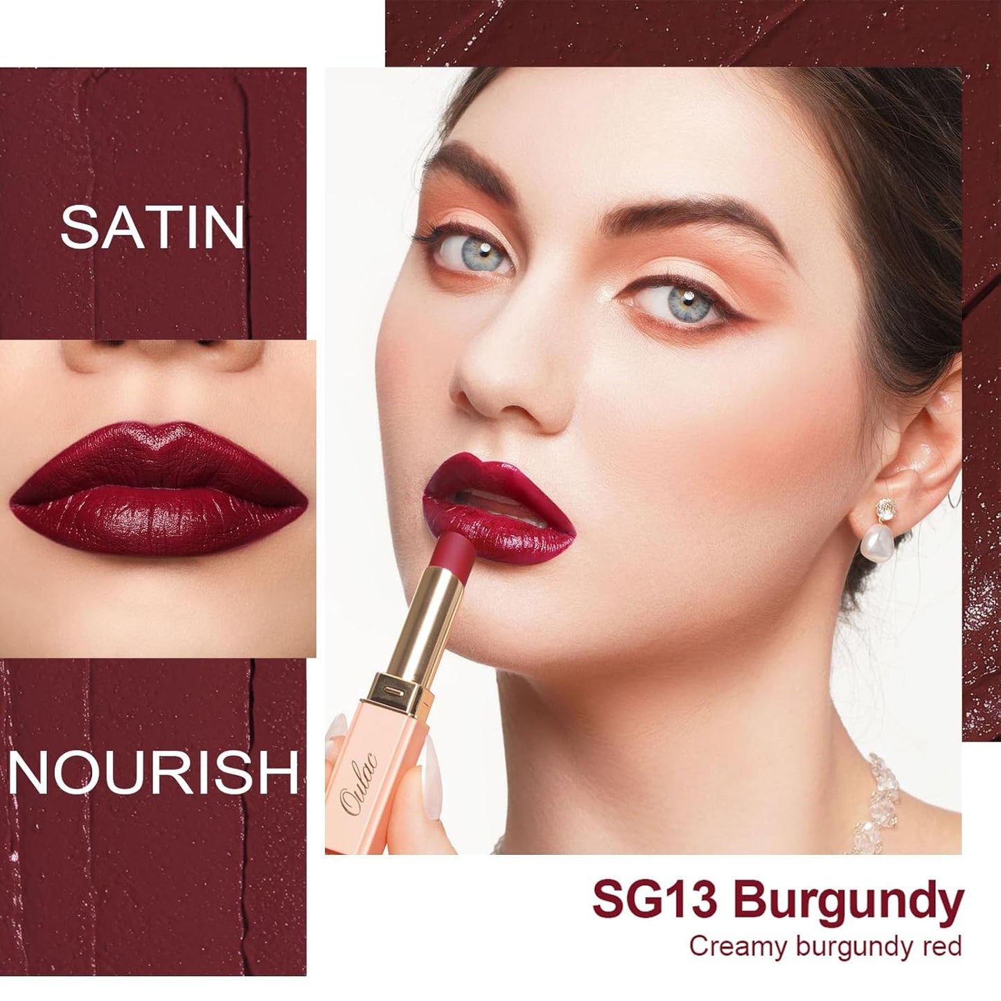 Oulac Color Rich Satin Lipstick - Burgundy Red Full Coverage Lip Color, Creamy Silky-Smooth, Moisturizing, Satin Matte Finish, Infused With Shea Butter, Vegan & Clean Beauty, 4g, SG13 Burgundy