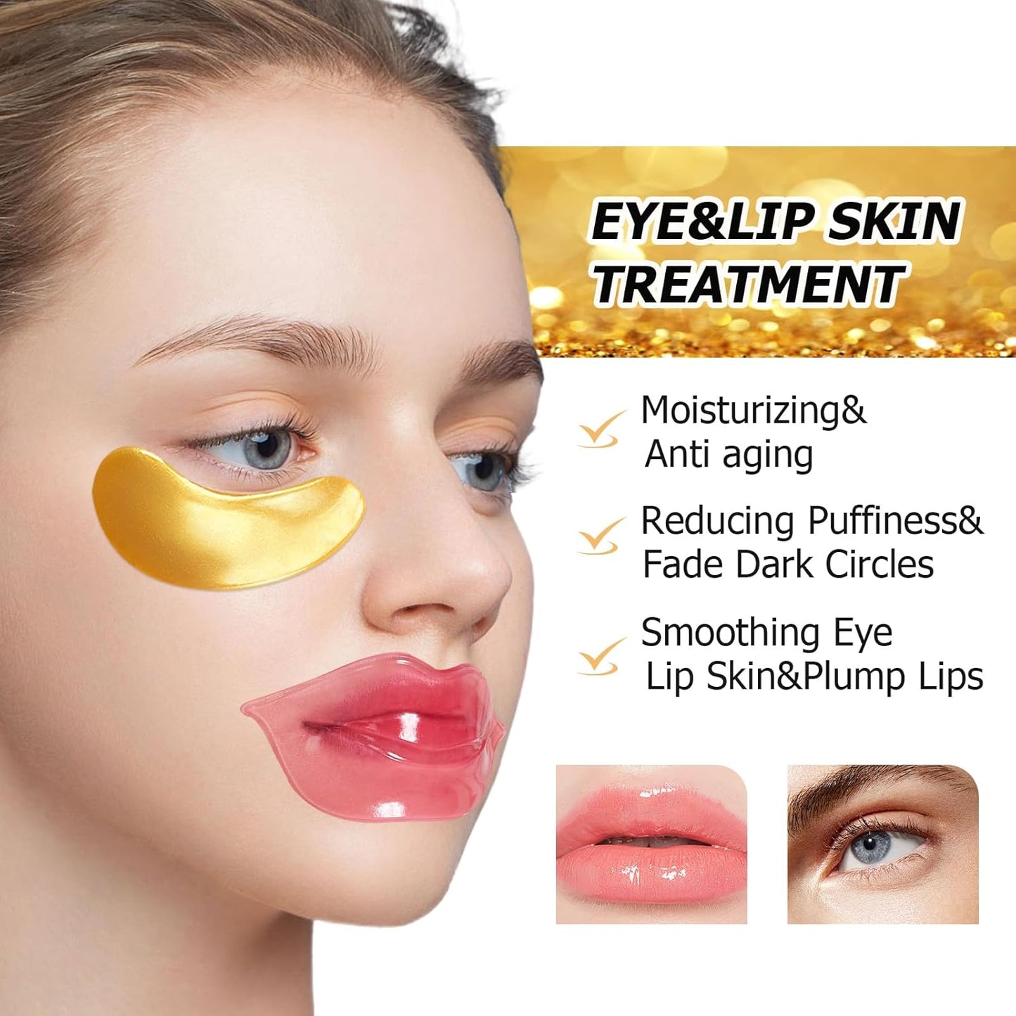 30 Pairs Lip Masks & Eye Masks,Gold Under Eye Patches for Puffy Eyes,Peach Red Lip Masks Skincare,Effectively Moisturizing the Lip & Eye Skin,Anti-Aging,Reducing Fine Lines,Nourishing for Face Care