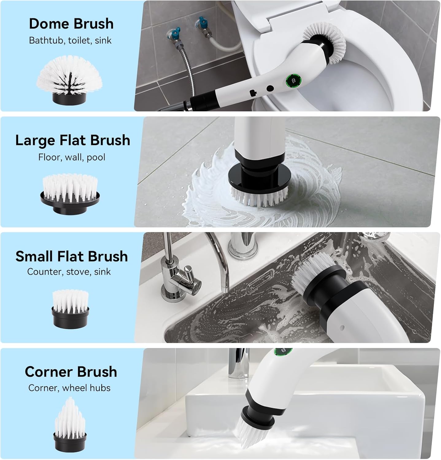 Electric Bathroom Cleaning Brush, Cordless Spin Scrubber Full Body Waterproof IPX7 with Adjustable Handle, 8 Replaceable Brush Heads for Bathtub/Kitchen/Window/Home -SD-CTB01