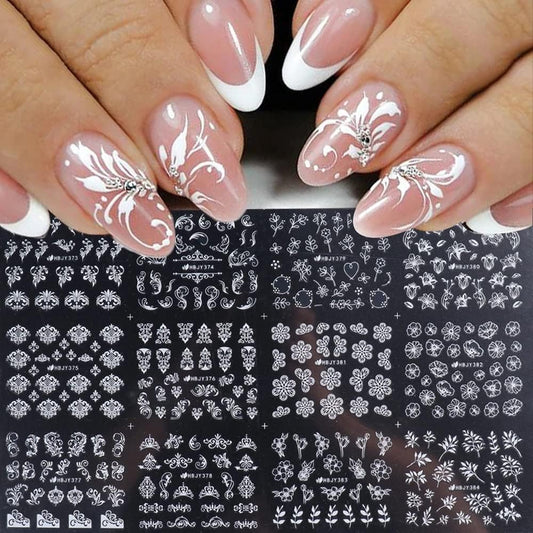 Flowers Nail Decals 3D Self-Adhesive White Floral Nail Art Stickers Wedding Lace Floral Nail Supplies Retro Vine Leaf Pattern Design Luxury Crown Nail Decorations for Women Girls(373-384 White)
