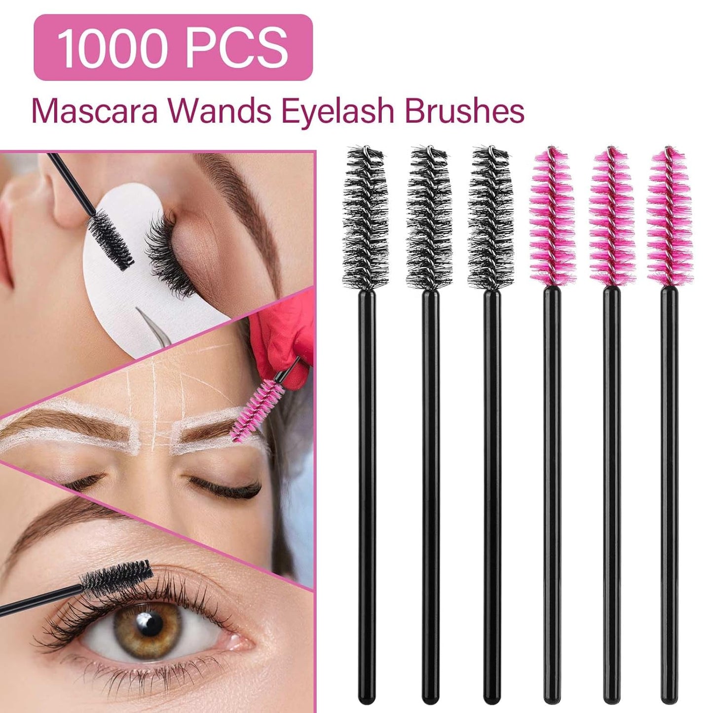 1000 Disposable Mascara Wands Eyelash Brushes Spoolies for Eyebrow Eye Lash Extension Black and Rose Red