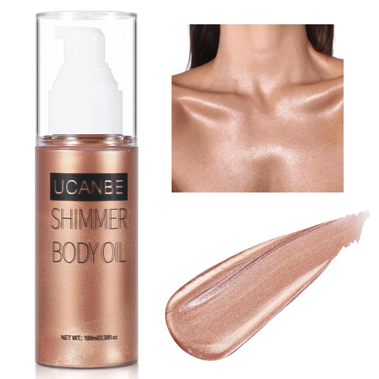 UCANBE Body Shimmer Oil - 100ml Moisturizing Glow Glitter Oil, Waterproof Shimmering Luminizer, Tinted Glowing Bronzer (Rose Gold)