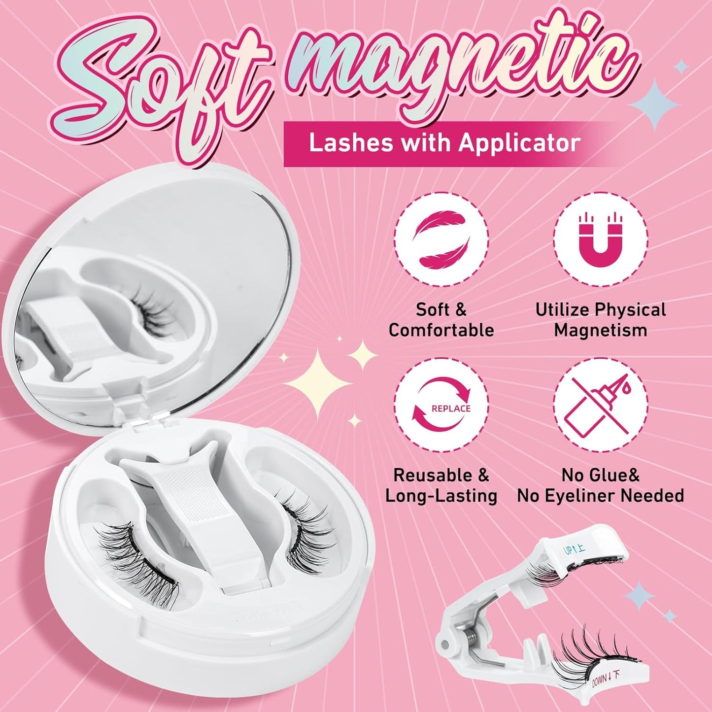 Magnetic Eyelashes Soft Magnetic Lashes With Applicator,3s Application 1s Removal No Glue Needed Long Lasting and Reusable Soft Magnet Lashes Waterproof Cruelty Easy To Wear (1Pair,Frisky)
