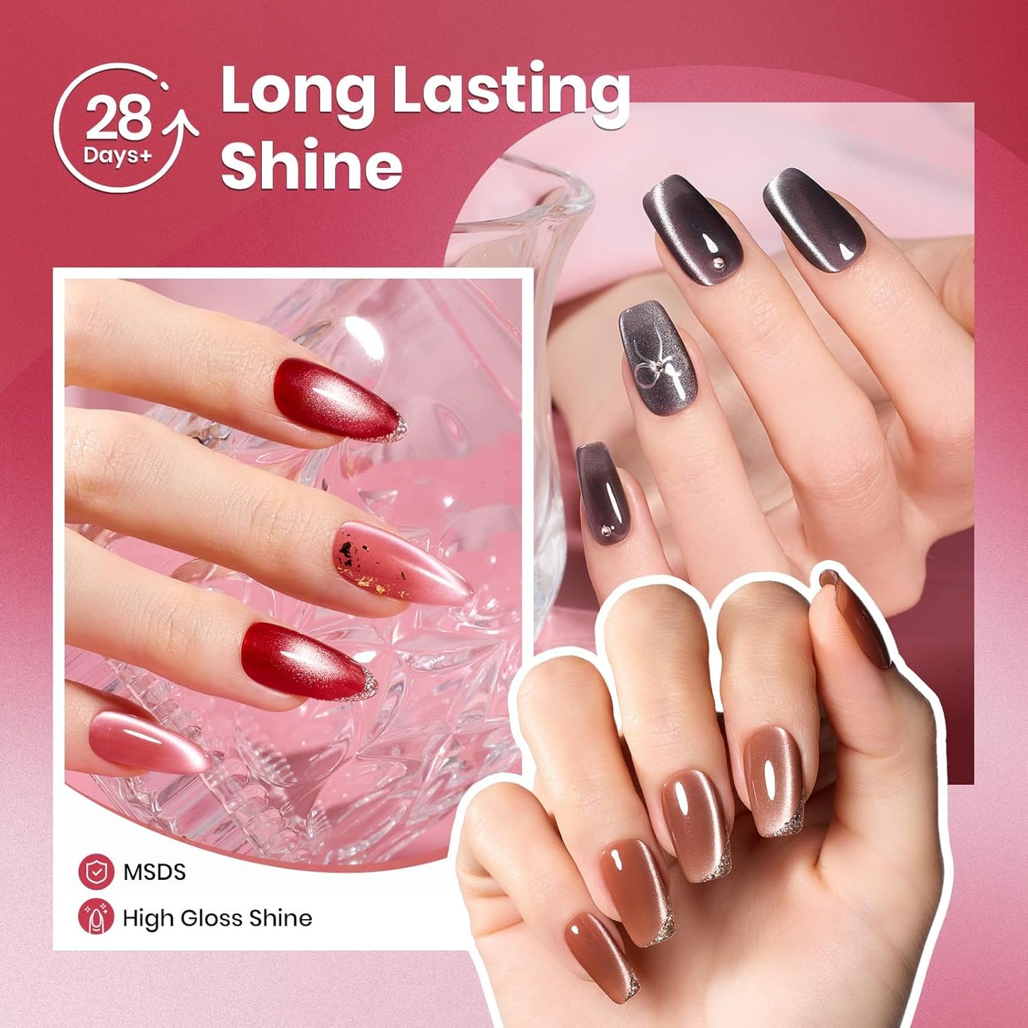 Beetles Cat Eye Gel Nail Polish Set - Porcelain Glow Cat Eye Gel Polish, 6 Colors Silver Red Brown Black Pink Magnetic Glitter Fall Gel Polish Kit Jelly Translucent Effect Soak Off UV Gift for Women