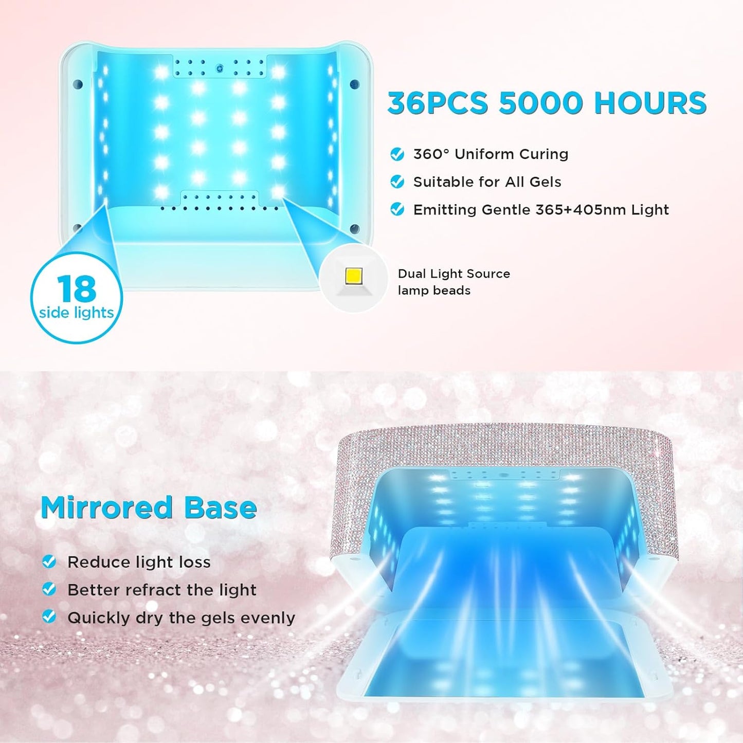 Cordless UV Nail Lamp, Rechargeable UV Light for Gel Nails, LED Nail Lamp with 4 Timer Modes, Gel Nail UV Light Decorate with Sparkling Nail Rhinestones (Sparkly White)