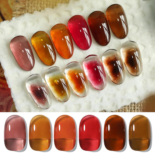 Born Pretty Fall Winter Jelly Gel Nail Polish Amber Crystal Transparent Brown Orange Red Gel Polish Nail Art Manicure DIY at Home and Salon 6PCS 7ML