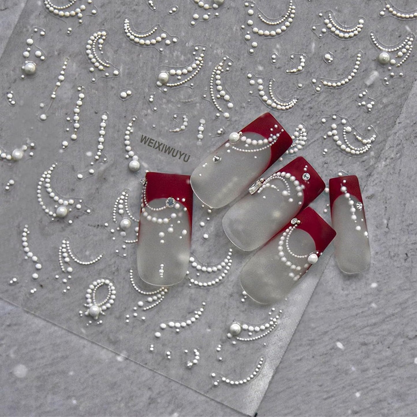 White French Tips Pearls Nail Art Stickers 5D Embossed Romantic Nail Stickers Line Nail Decals Design Nail Accessories for Women Valentine's Day Nail Art Decoration