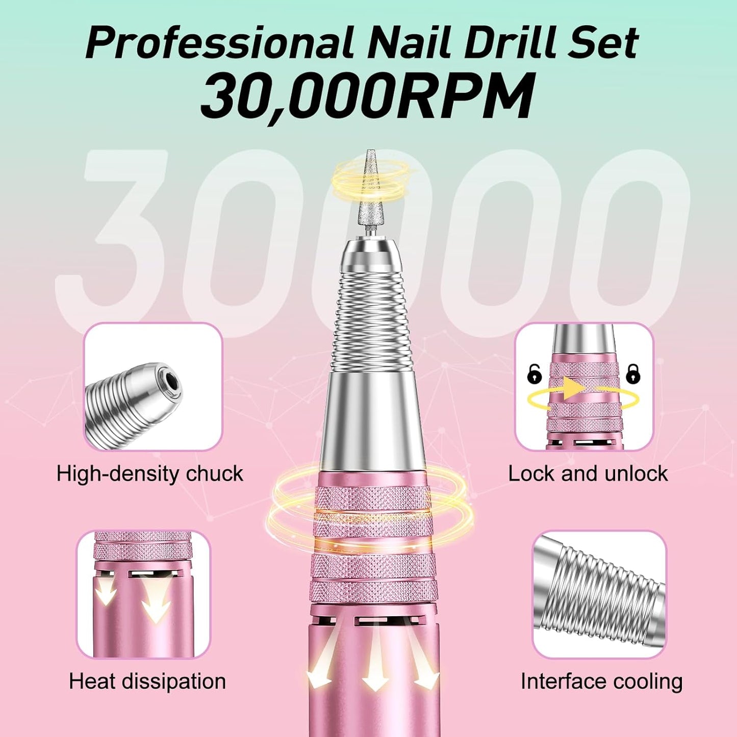 Jiasheng Electric Nail Drill, 30000rpm Professional Nail Drill Machine, Compact Electrical Nail File Kit for Acrylic Gel Nails Efile Drill for Manicure and Pedicure Salon Use