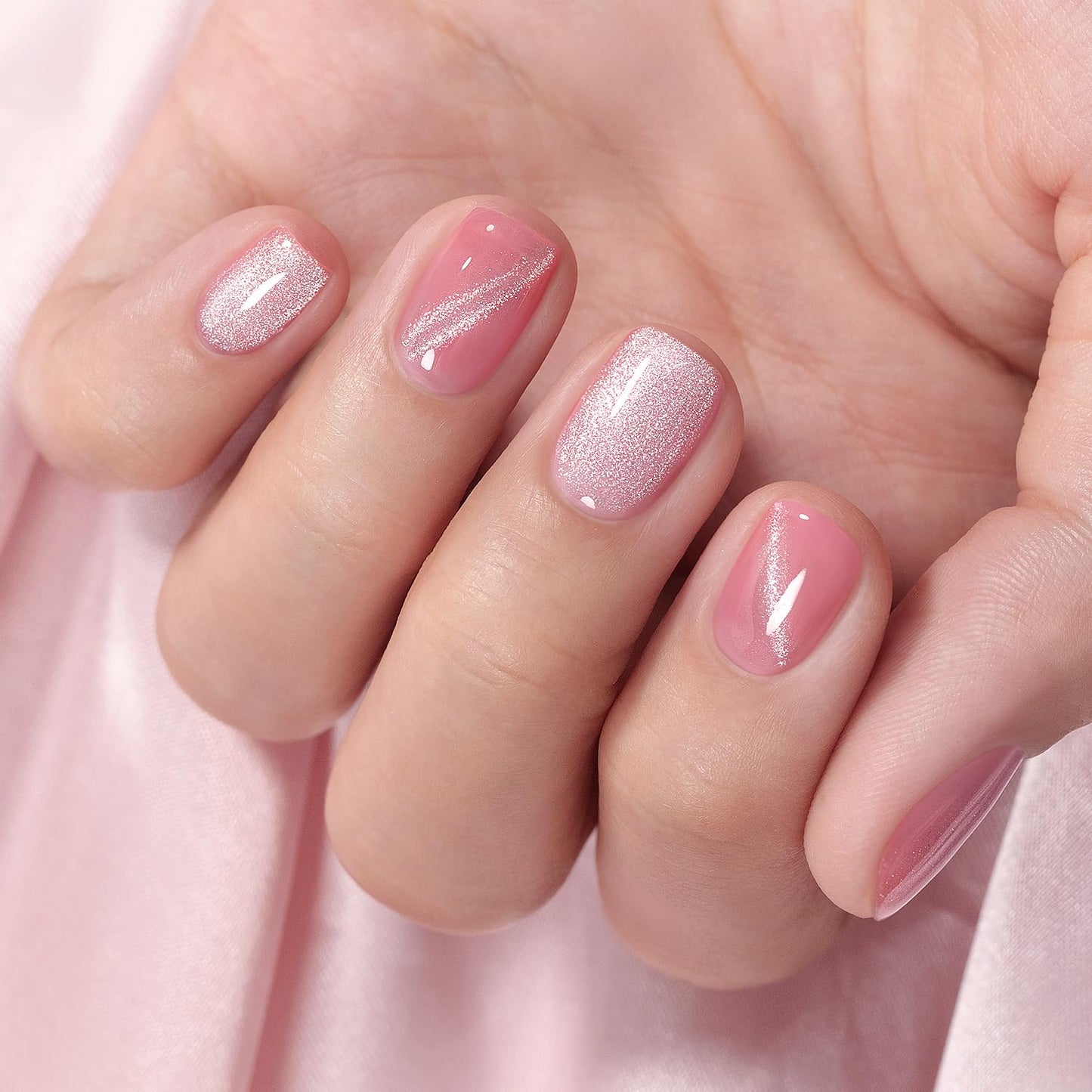 RARJSM Nude Sheer Pink Cat Eye Gel Nail Polish Silver Glitter 15ml 9D Velvet Cateye Shimmer Galaxy Ice Jelly Pink Gel Polish with Magnetic Stick UV LED Curing Require Soak Off DIY Home Salon