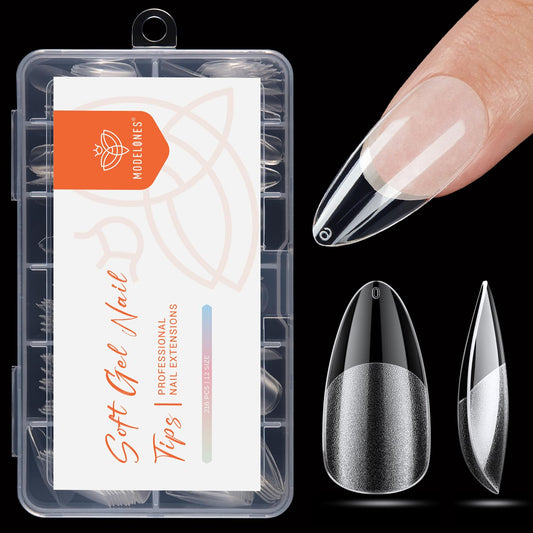 modelones Pointed Almond Nail Tips, Medium Pre-shaped Soft Gel Tips Fake Nails False Acrylic Clear Full Cover Press on Extension Gel Kit Manicure DIY at Home 216PCS 12Sizes