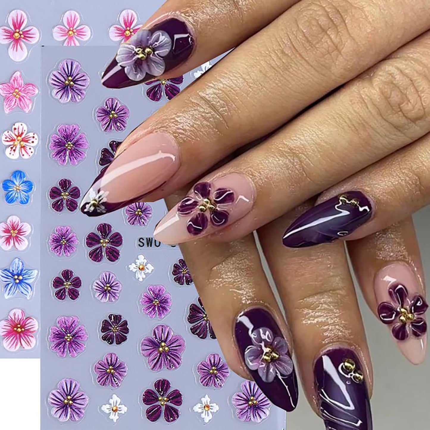 4 Sheets Flower Nail Art Stickers 3D Self-Adhesive Blossom Nails Sticker Spring Nail Art Decals Holographic Daisy Nails Decal Decoration for Women Colorful Flowers Manicure DIY Nail Supplies