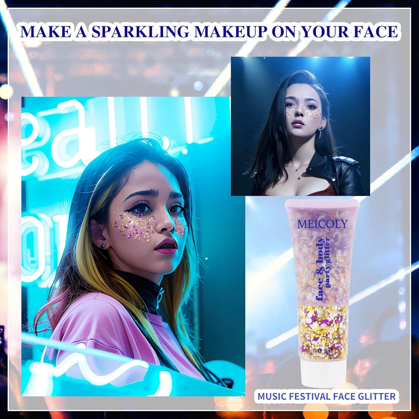 MEICOLY Face Glitter Makeup for Music Festival,Country Concert Outfits for Women,Gold Silver Purple Body Glitter,Music Festival Country Concert Accessories,Glitter Face Paint for Music Festival,50ml