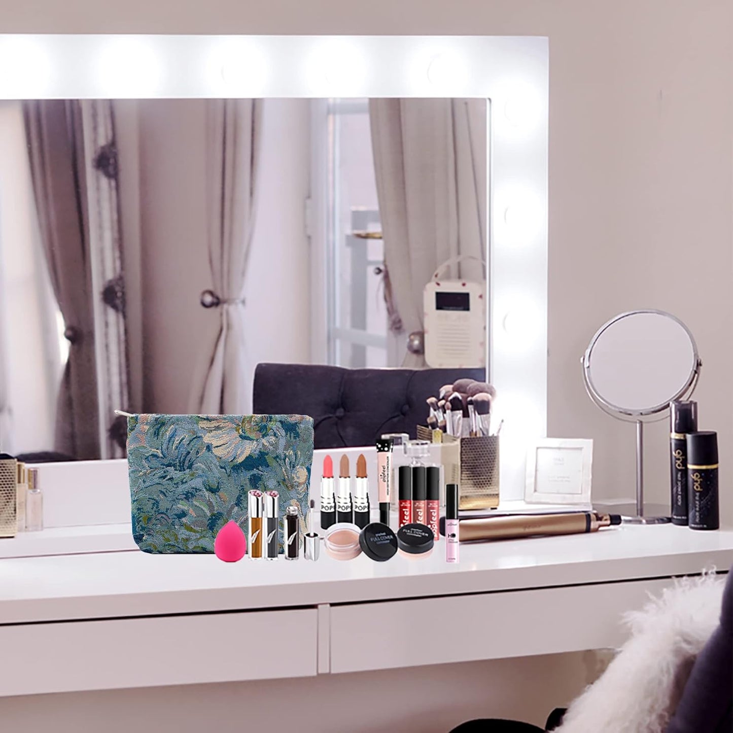 Makeup Bags for Purse Zipper Cosmetic Pouch Large Travel Canvas Make Up Organizer Tool Pouch for Women and Girls,Flower Blue