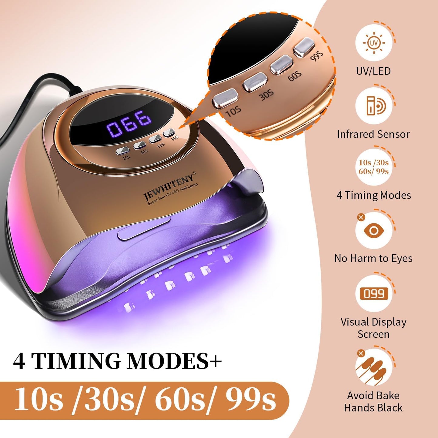 JEWHITENY Golden U V LED Light for Gel Nails:Nail Lamp with 4 Timers & Automatic Sensor Fast Curing Light for Gel Nail Polish Professional Manicure Tool