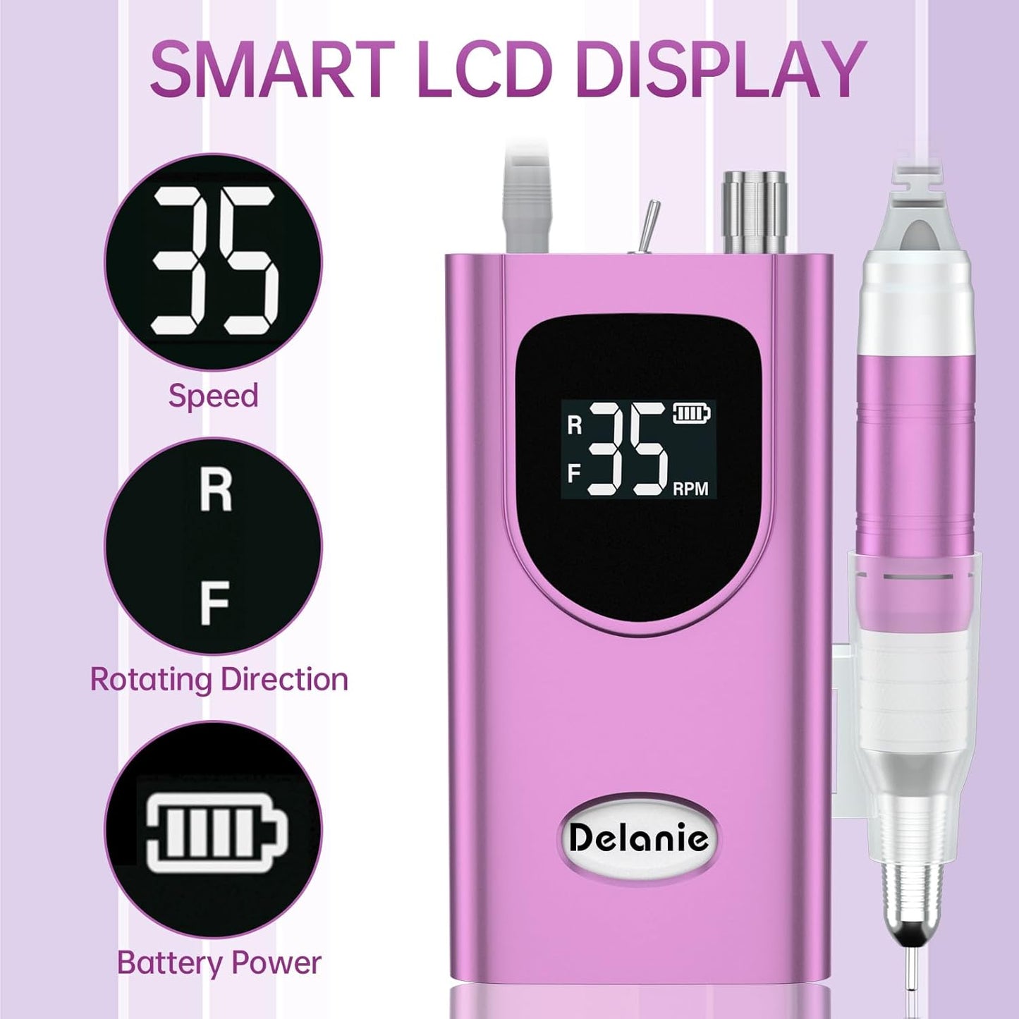 Delanie Professional Portable Electric Nail Drill Machine, 35000 RPM Rechargeable Cordless Nail Filer Electric Nail File Efle for Dip Powder Acrylic Gel Nail, Salon Nail Tool, Violet