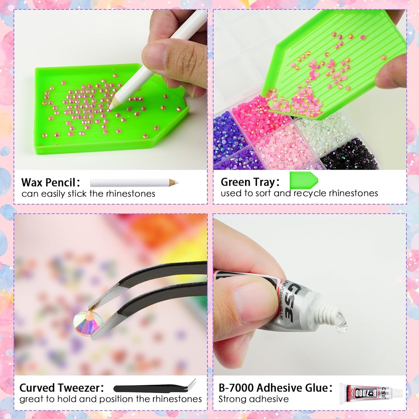 Canvalite 18000PCS Nail Rhinestones for Crafting, Multicolor 3mm Flatback Rainbow Gems, Bedazzling Crystal with 4Pcs 2.5g Jewelry Glue for DIY Crafts Clothing Shoes Nail Art,Stocking Stuffers Gifts