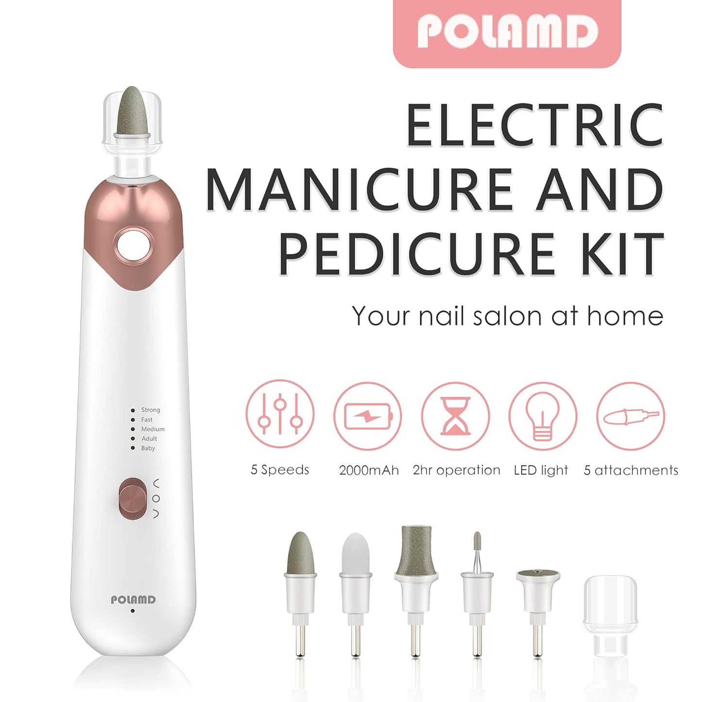 Professional Manicure Pedicure Kit, Electric Nail File Set, Cordless Electric Nail Drill Machine, 5 Speeds Hand Foot Care Tool for Nail Grind Trim Polish(White)