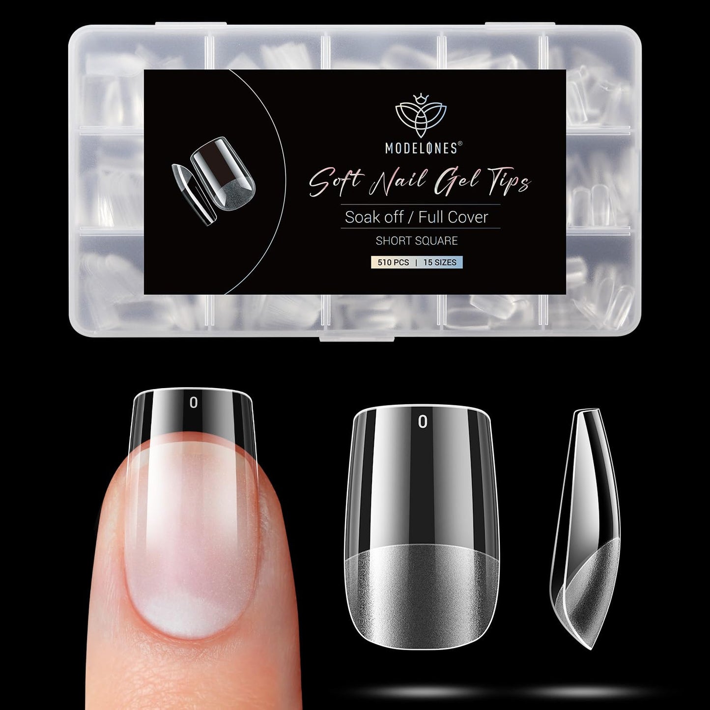 Modelones Short Square Fake Nail Tips - 510Pcs Gel Tips Pre-shaped Half Matte Full Cover Clear Acrylic Gel Kit False Press on Nails for Extension DIY Salon 15Sizes
