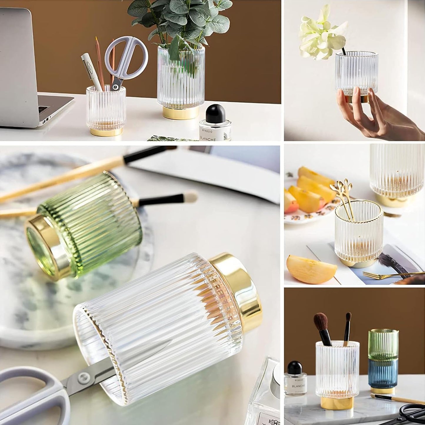 DASITON Makeup Brush holder Organizer,Crystal Cosmetic Makeup Brush Glass Brushes Storage Holder, Vintage Make Up Brush Cup Pen Pencil Holder striped vase(Clear S+L)