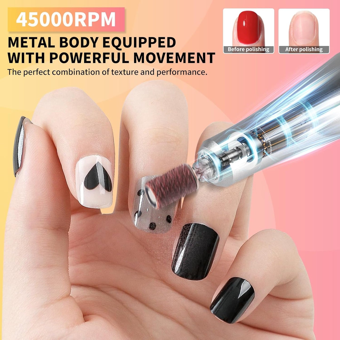 Professional Electric Nail Drill Machine,45000RPM Portable Rechargeable Efile Nail Drill Cordless,Electric Nail File Kit for Women (Gradient Yellow)