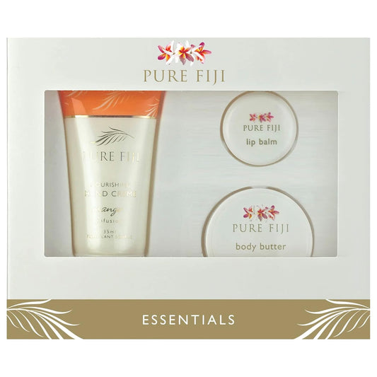 Pure Fiji Essentails Gift Set for Skin Care Hydrating Skincare Set Include - Lip Balm (0,16 Fl. Oz), Body Butter (0.50 Fl. Oz), Hand Crème(1.18 Fl. OZ) Daily Moisturizer Set - Mango