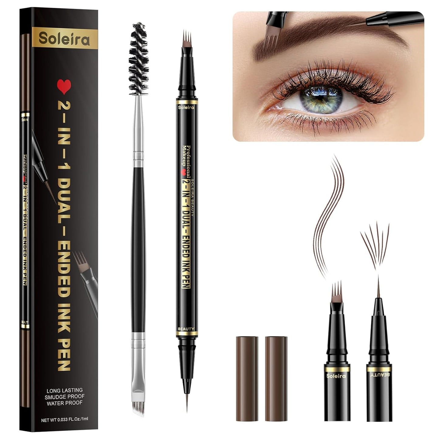 Eyebrow Pen, Soleira Waterproof Eyebrow Pencil with 4 Tip Microblading Eyebrow Pen and Dual-ended Eyebrow Brush, for Natural-Looking Brows, Long-Lasting, Dark Brown