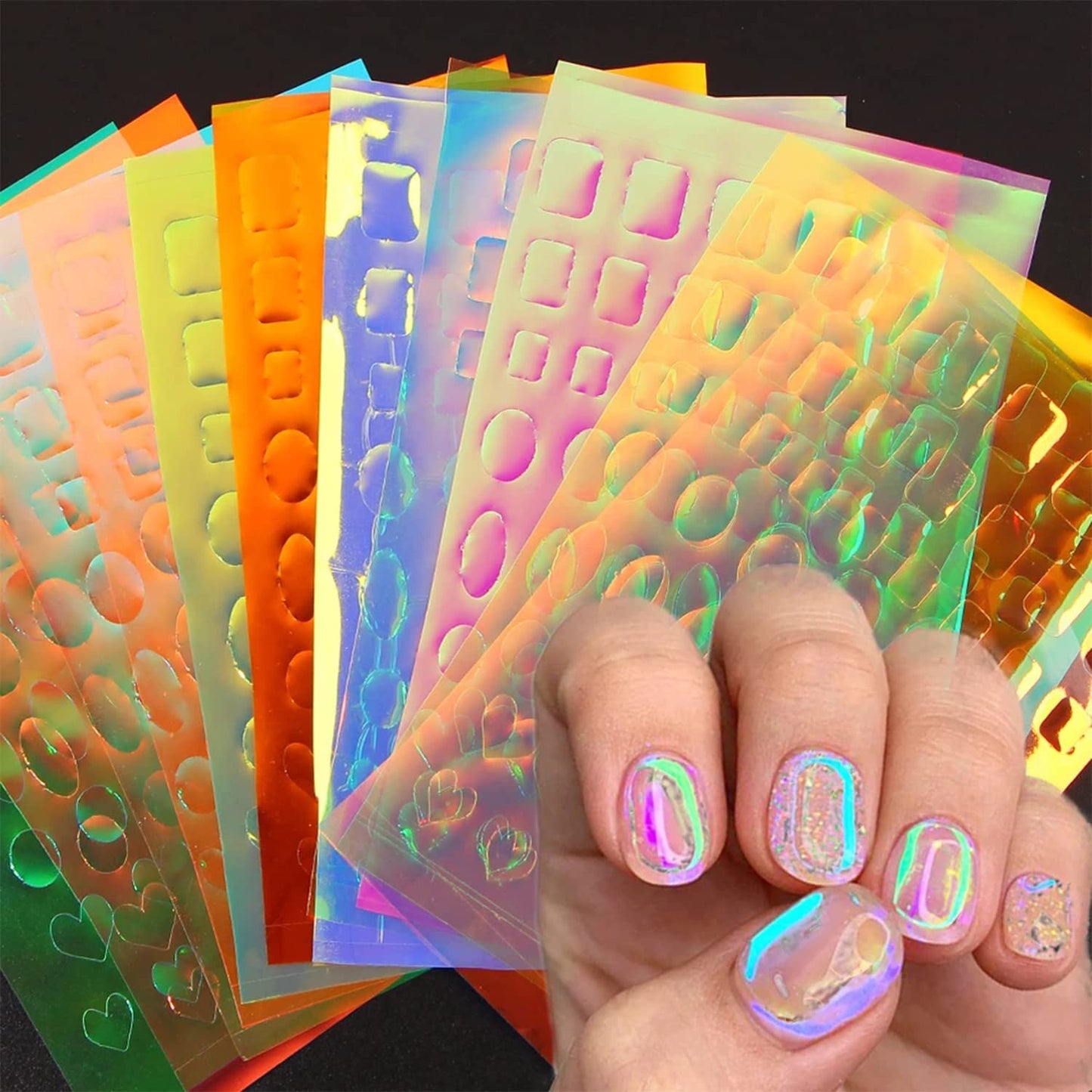 WOKOTO 11 Sheets Aurora Nail Foil Sheets for Women Nail Art, Broken Glass Paper Heart, Oval,and Block Shapes Holographic Nail Film ice-Like Stickers Laser Nail Decals DIY Nail Art Decoration