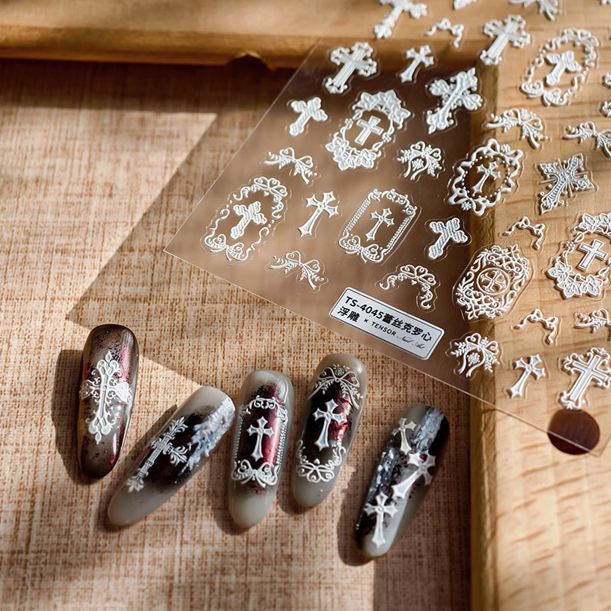 White Lace Cross Nail Art Stickers, 5D Embossed Manicure Decals for Nail Art Design Self-Adhesive Nails Supplies Accessories for Women