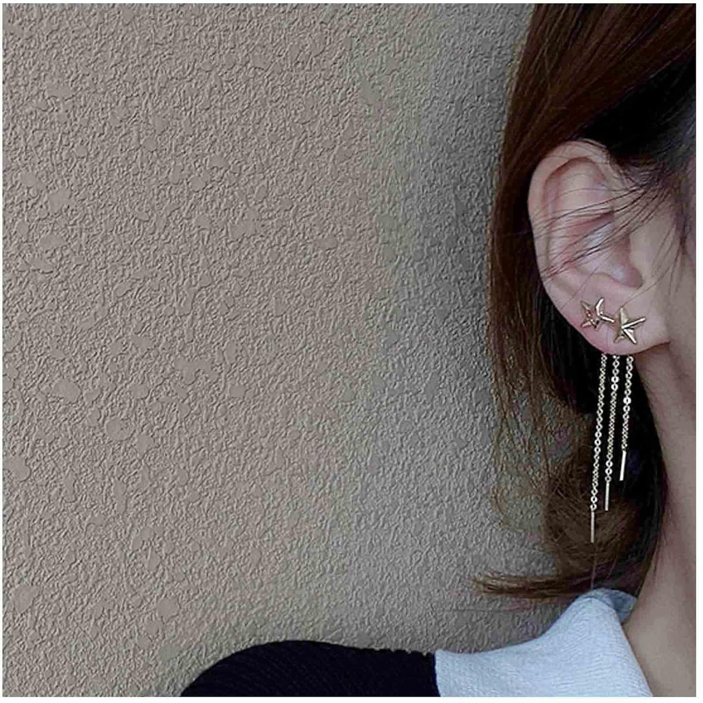 Boho Star Ear Jacket Earrings Gold Thin Bar Tassel Earrings Long Drop Chain Earrings Two Way Double Sided Earrings Jewelry for Women and Girls