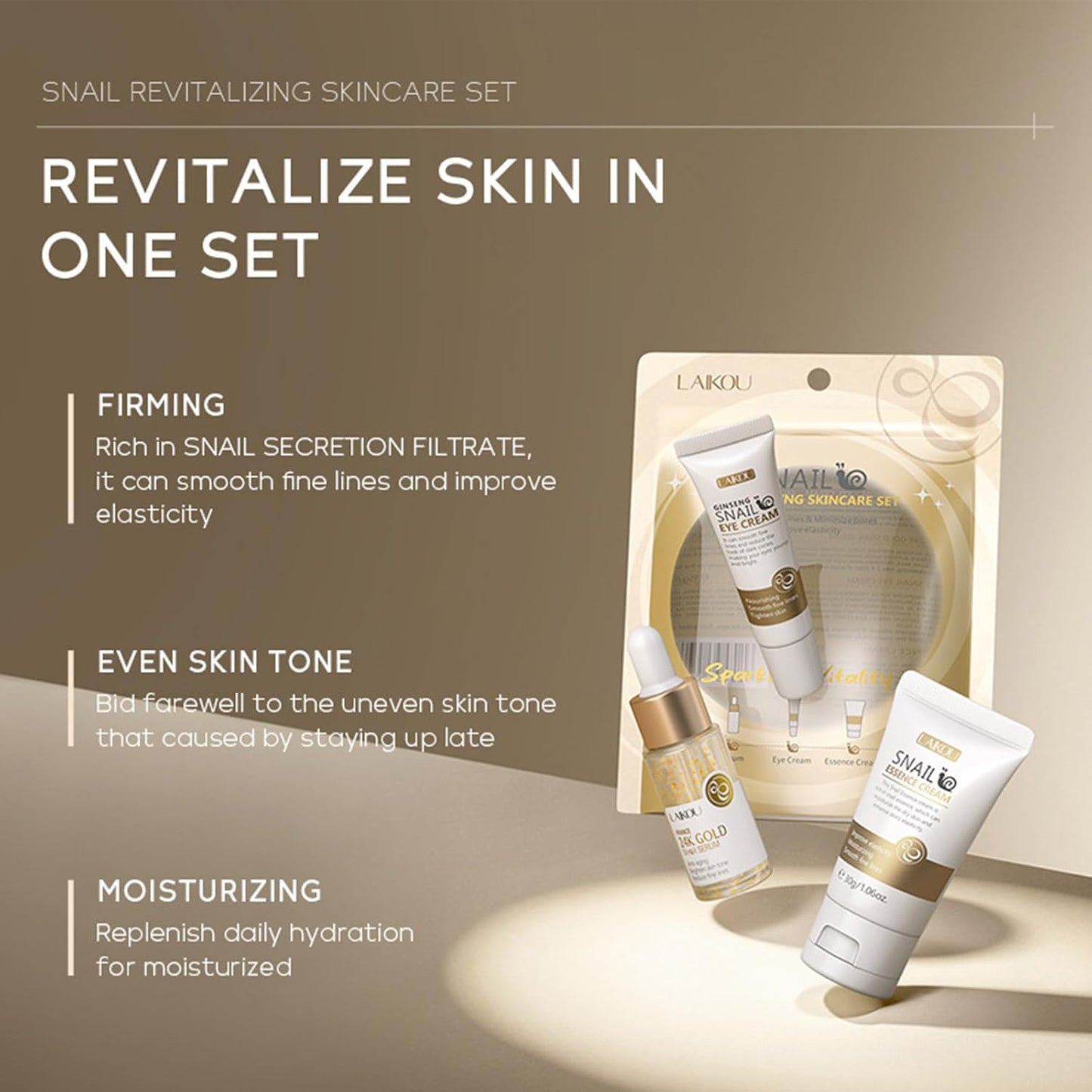 Snail Mucin Skin Care Set,Gold Snail Serum,Ginseng Snail Eye Cream,Snail Essence Cream 3 in 1 Essentials Travel,Improve Damaged Skin Lmproves Elasticity and Minimizes Pores(3pcs)