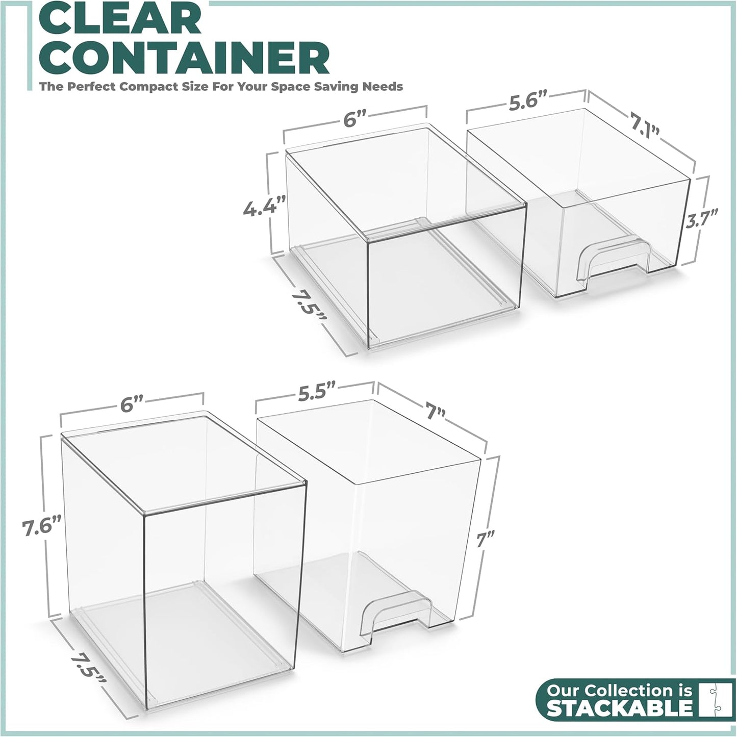 Sorbus Acrylic Storage Containers - 2 Pack, Stackable Storage Bins Set for Bathroom Organization - Clear Acrylic Drawer Organizers - Makeup Case Pull-Out Drawers (7.6’’ and 4.4’’ Tall)