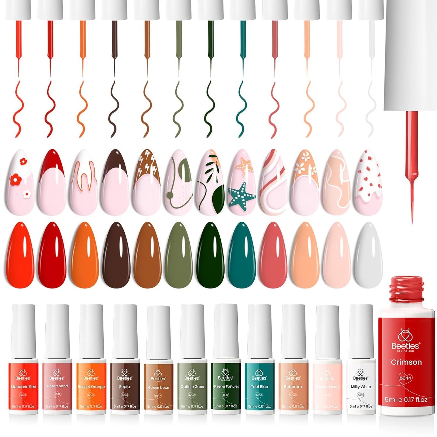 beetles Gel Polish 12 Pcs White Nude Red Green Gel Polish Paint Swirl Gel Nail Art Built Thin Brush in Bottle Soak off Uv Led Lamp Fall Gel Nail Polish