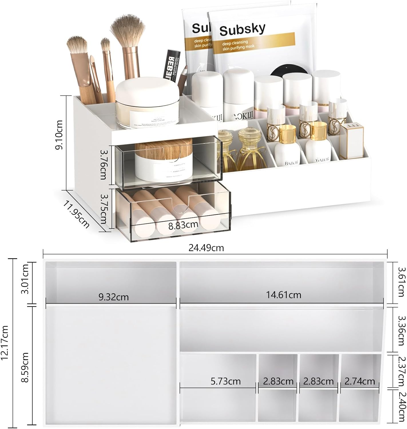 Subsky Makeup Organizer with Drawers, Easy Storage for Beauty Products Brushes, Multifunction Plastic Desk Organizer, Cosmetics Organizer for Countertop Dresser Vanity and Bathroom (White)