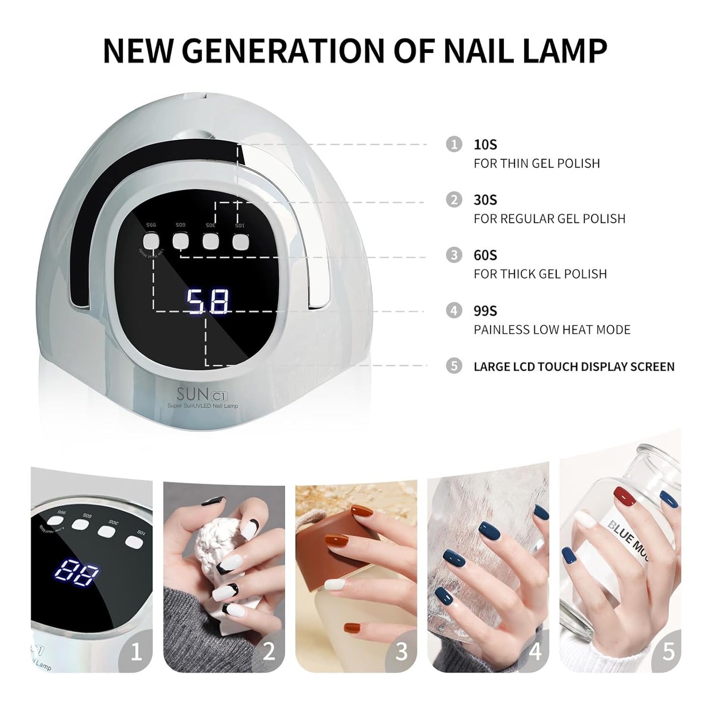 UV Nail Lamp, MIRAGE LAYON 288W UV Light Gel Nail Dryer with 63 Lamp Beads, Auto Sensor and 4 Timers LCD Display, Professional LED UV Lamp for Fingernail and Toenail