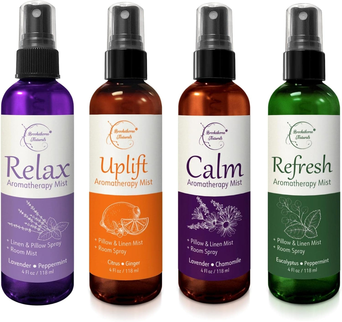 Aromatherapy Mist – Linen, Room & Pillow Spray, Set of 4 Natural Air Fresheners. Essential Oil Spray Variety Pack with Lavender, Chamomile, Eucalyptus, Peppermint & Citrus - Brookethorne Naturals