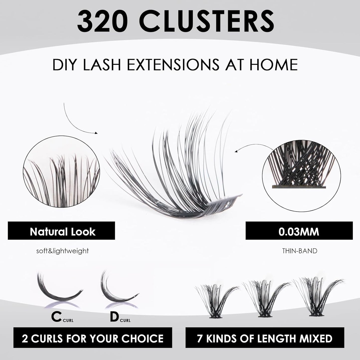 DIY Lash Extensions Kit 320pcs Individual Lashes Clusters 60D 80D D Curl Eyelash Extension Kit with Applicator and Lash Bond&Seal,Clusters Lash Glue Remover For False Eyelash Mix 10-16mm (60D+80D KIT)