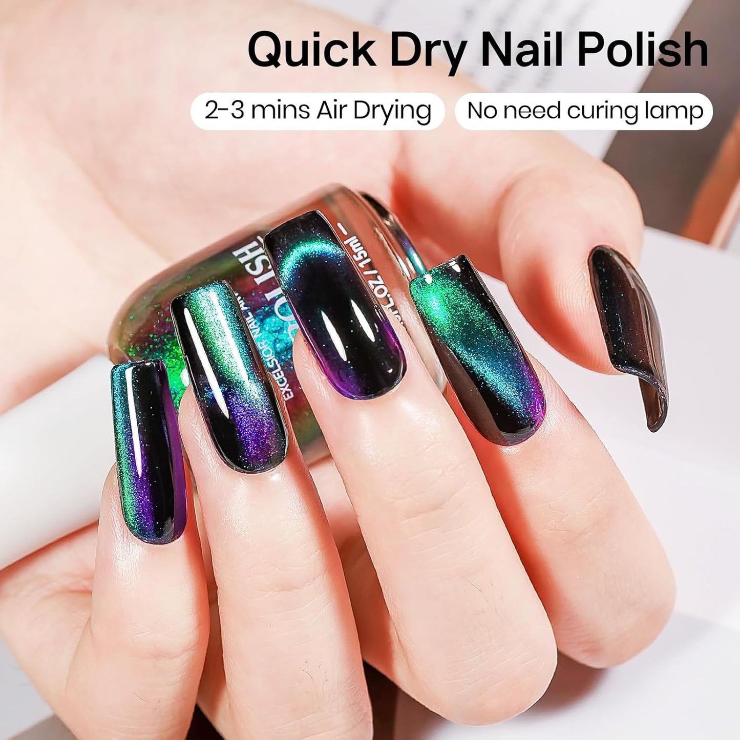 MIZHSE Quick Dry 9D Cat Eye Nail Polish Non Gel, Green to Purple Magnetic Nail Polish with Magnet, Air Drying Fast Cateye Nail Lacquer Galaxy Effect Manicure Home Gift for Women 15ml
