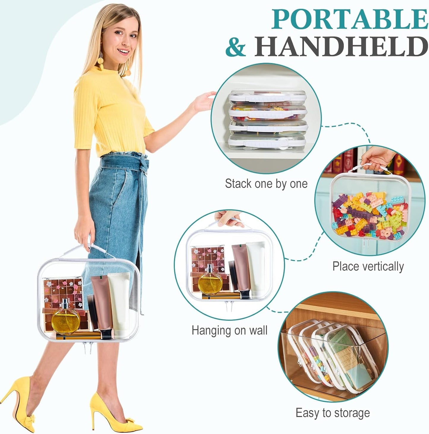 Sanwuta 4 Pcs Clear Hard Zipper Case with Handle Office Storage Cases Hard Plastic Pouches Transparent Bins for Crafts, Pencils, Snacks, Cosmetics, Puzzles(9.8 x 7.9 x 2 Inches,White)