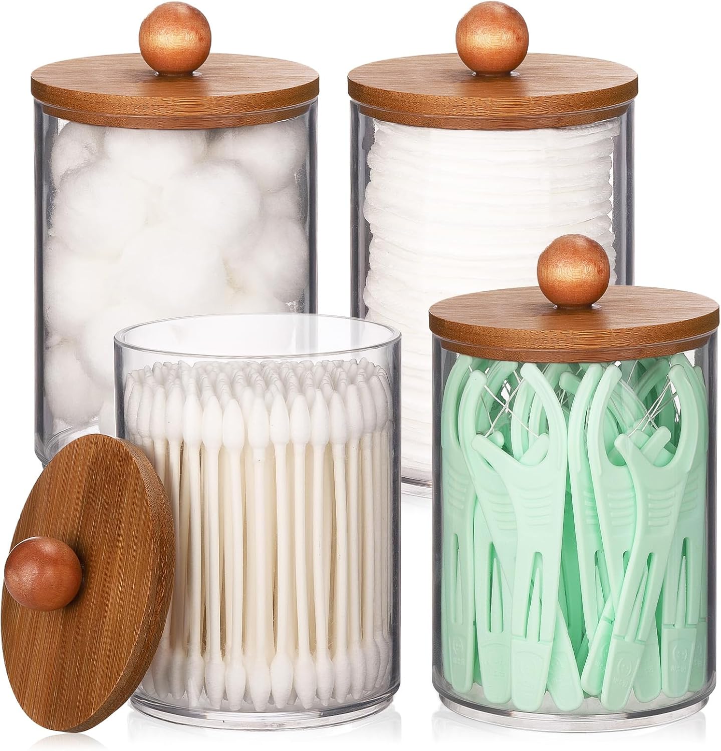 Tbestmax 4 Pack Qtip Holder Dispenser, Plastic Bathroom Organizer and Storage Containers, 10oz Apothecary Jars with Brown Bamboo Lid for Cotton Ball, Cotton Swab, Floss
