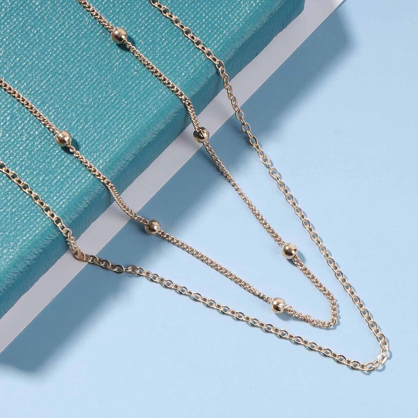 Boho Layered Satellite Choker Necklace Gold Ball Chain Necklace Short Collar Necklace Vintage Double Layer Necklace Jewelry for Women and Girls Gifts