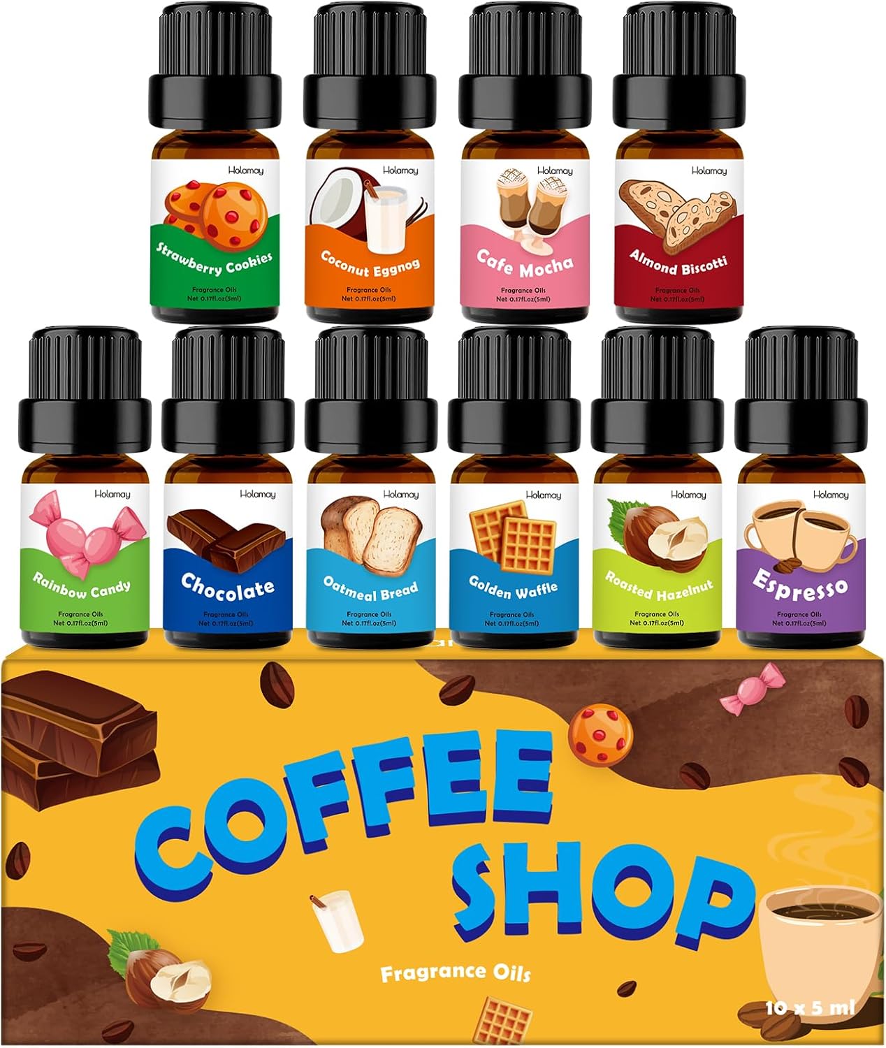 Fragrance Oil for Candle & Soap Making, Holamay Coffee Shop Set, Premium Aromatherapy Essential Oils for Diffusers for Home - Espresso, Cafe Mocha, Chocolate, Almond Biscotti and More, 10 x 5ml