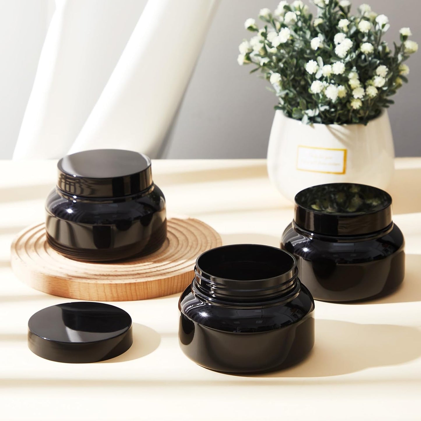 Tessco 24 Pack Plastic Jars with Lids Labels Empty Clear Plastic Jars Round Refillable Cosmetic Containers Body Butter Containers Bulk Sugar Scrub Bottle for Make Up(8 oz,Black)