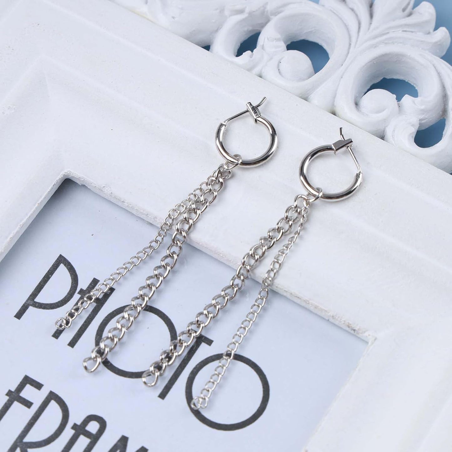 Vintage Layered Chain Dangle Earrings Long Chain Hoop Huggie Earrings Silver Curb Chain Stud Earrings Tassel Chain Drop Earrings Jewelry for Women
