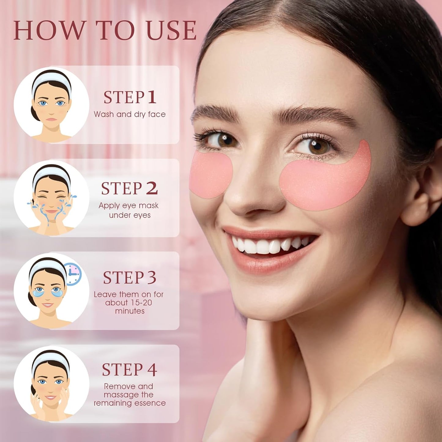 Under Eye Patches Masks - for Dark Circles, Puffiness, Eye bags,and Fine Lines Smoothing Skin Care Treatment with Collagen and Hyaluronic Acid for Women and Men, (60 Pcs) Pink